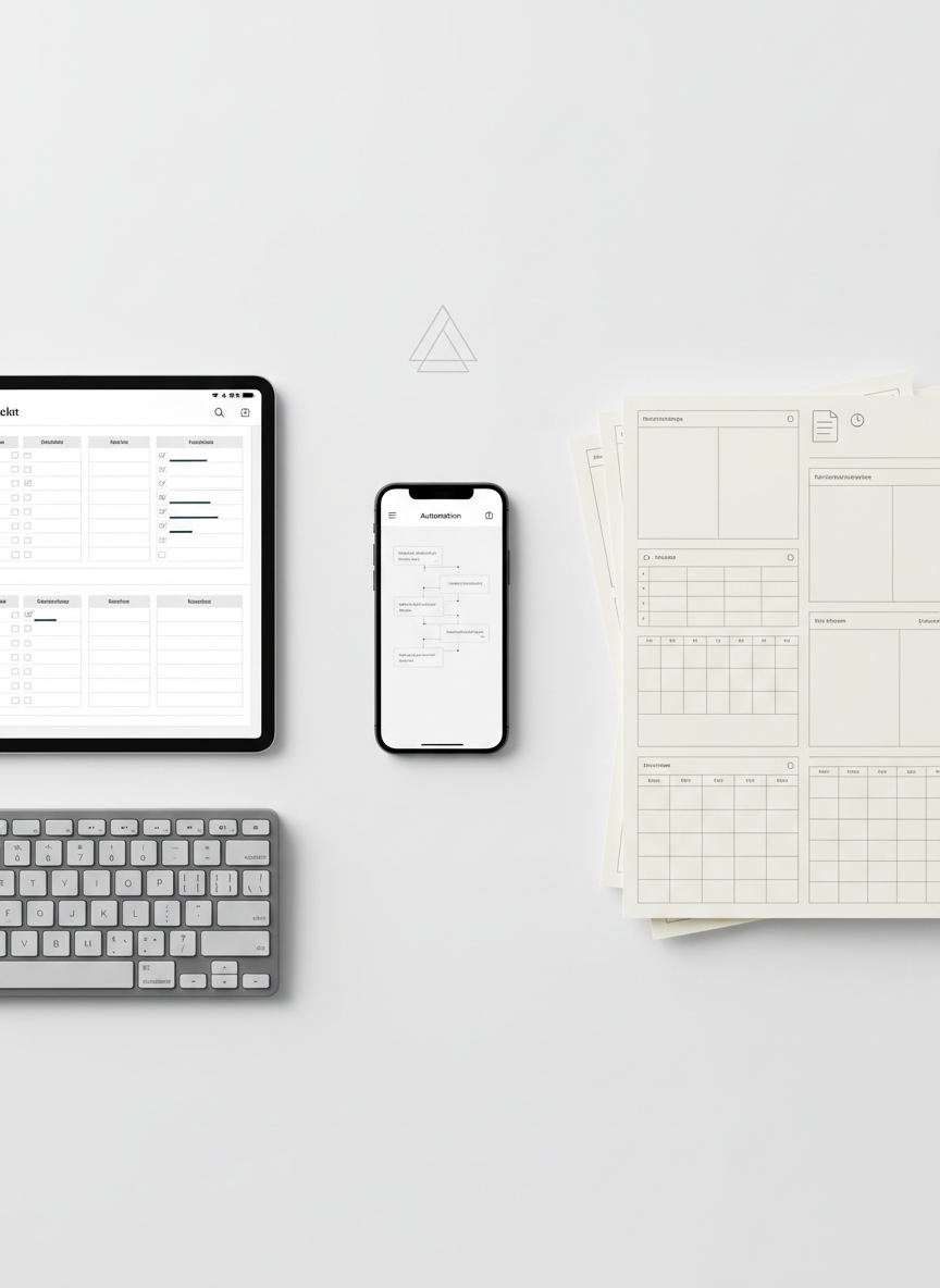 An overhead photographic view of a tidy desktop dedicated to productivity tools: a tablet showing a structured checklist template, a smartphone with a simple automation workflow interface, and a stack of printed, neatly arranged planning templates with clean grids and icons, all without any visible text. The devices rest on a matte white surface with a muted gray keyboard and a minimal, abstract logo badge placed near the top edge. Soft studio lighting from above creates even illumination and gentle, natural shadows around each object. The composition follows the rule of thirds with spacious margins, projecting a calm, professional, and highly organized atmosphere ideal for a business landing page hero image.