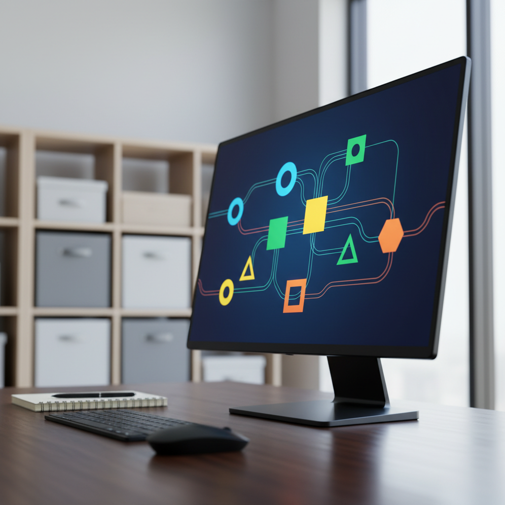 A close-up, three-quarter angle photograph of a modern desktop monitor displaying a stylized interface of interconnected digital tools: colorful geometric blocks linked by faint lines, representing workflows and automation, with no readable text. The monitor stands on a dark wood desk with a minimal wireless mouse and a simple notebook, set against a softly blurred background of shelves with neutral-toned storage boxes. Cool, diffused light from a window on the right gives subtle reflections on the monitor frame and a calm gradient across the wall. The mood is focused and professional, with sharp focus on the screen and a gradual bokeh toward the edges, emphasizing streamlined, intelligent software solutions.