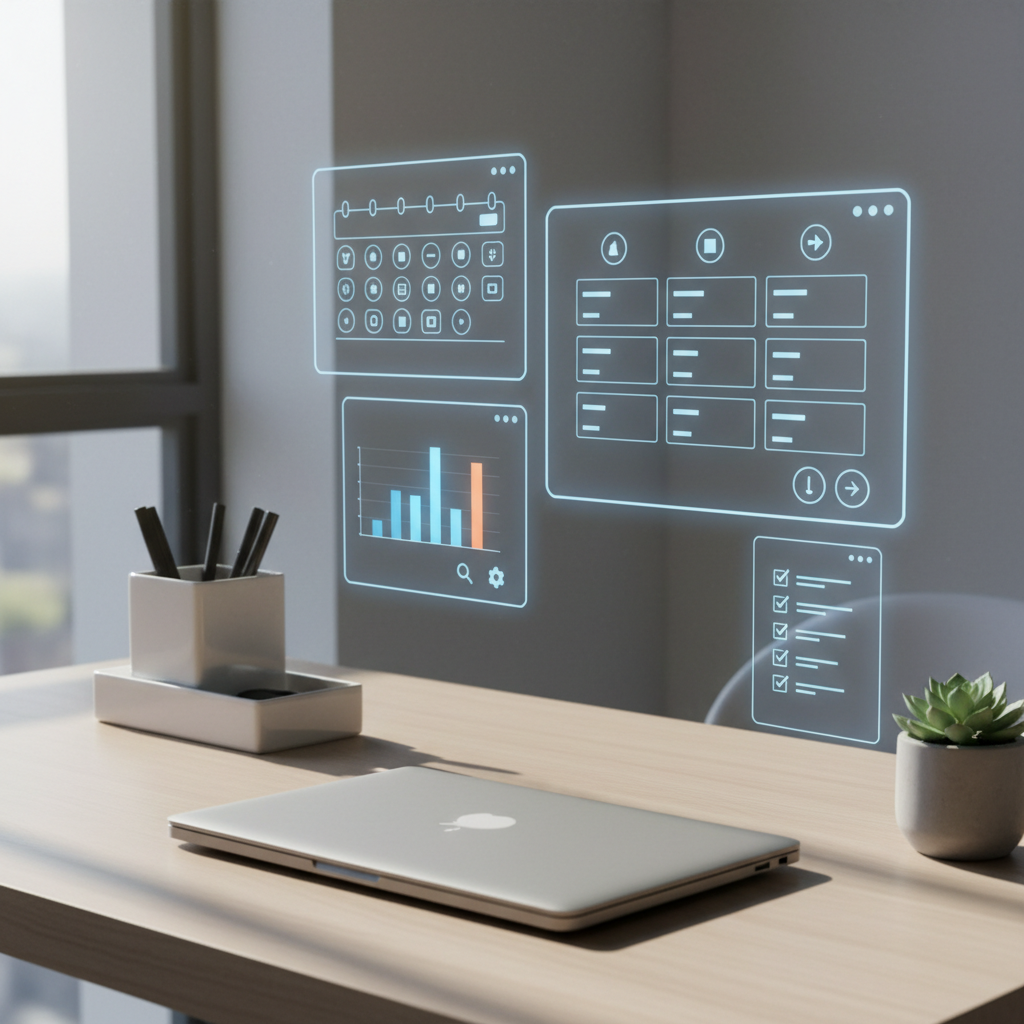 A series of translucent, overlapping screens floating above a physical desk setup, each screen showing different abstracted digital tools: a calendar grid, a simple chart, a kanban-style board, and a checklist template, all with icon-based controls instead of text. The physical desk holds a closed laptop and a small, geometric desk organizer, suggesting order and simplicity. Photographic realism enhanced with subtle augmented reality effects, lit by soft morning light from a nearby window that casts long, gentle shadows across the surface. Shot from a slightly elevated angle, the composition feels dynamic yet uncluttered, conveying innovation, clarity, and practical problem-solving for everyday tasks.